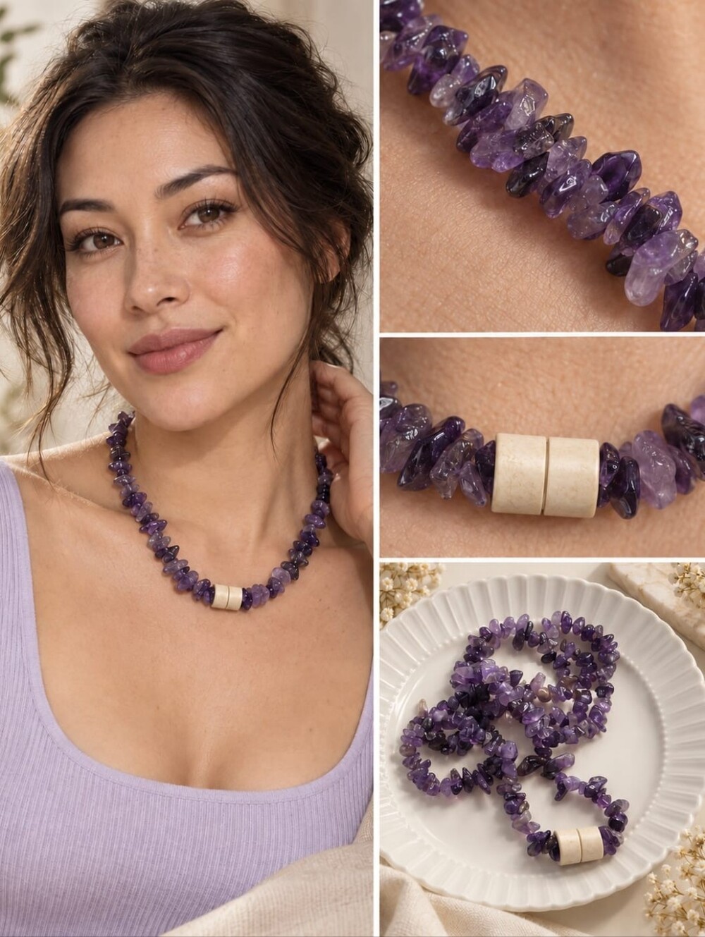 Amethyst Chip Bead Necklace - Purple Gemstone Strand